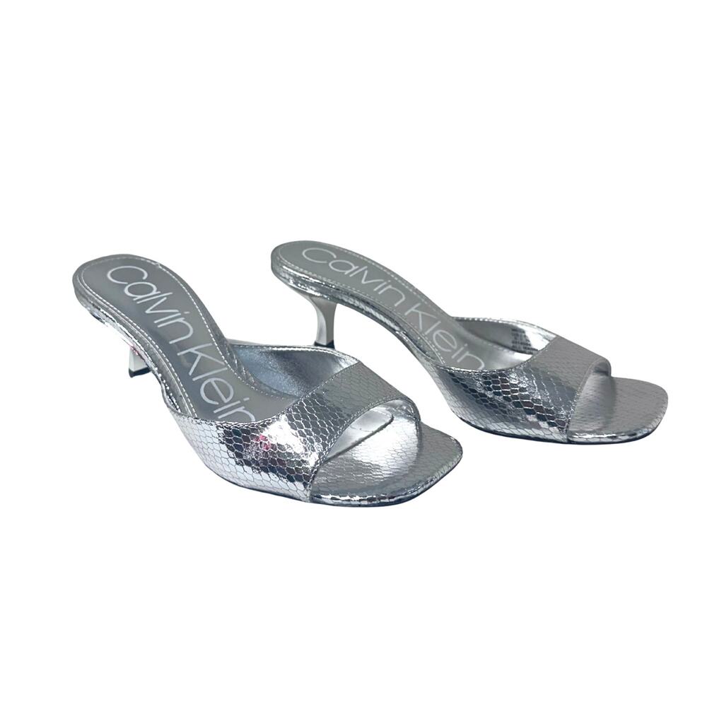 Calvin Klein Silver Glitter Kitten Heel Slide Sandals 5M NIB Glam Party Y2K - Picture 7 of 9